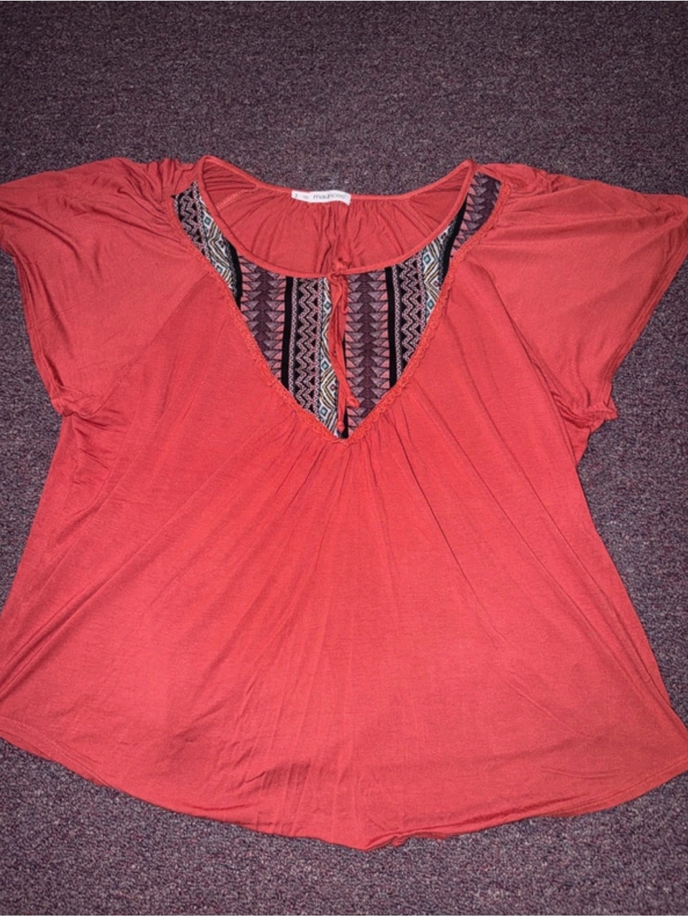 Maurice’s Rust V-Neck Short Sleeve Top with Tribal Trim